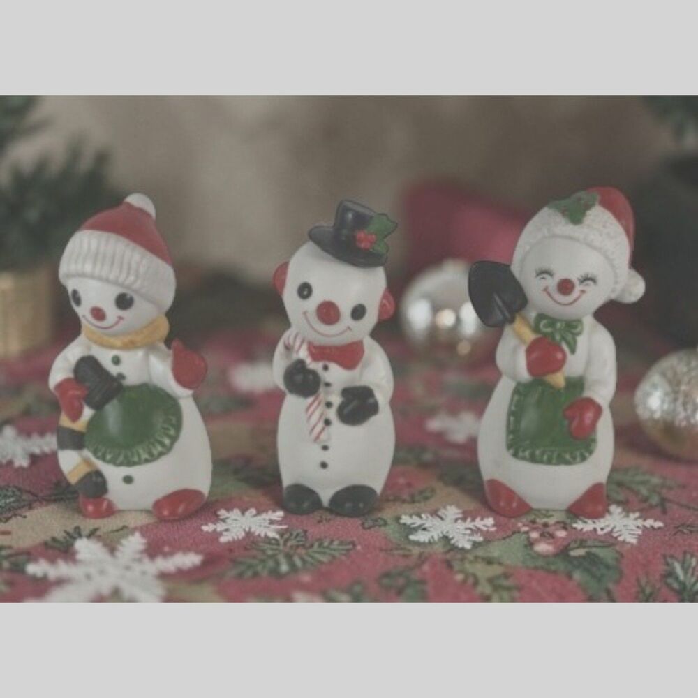 Porcelain Bisque Snowmen Set of 3 Shovel Stocking Candy Cane Vintage Taiwan Xmas